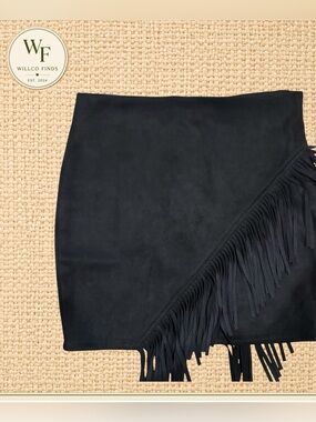 Windsor Black Suede Look Fringe Mini Skirt Western Cowgirl Small